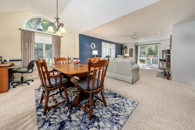 9 Pacific Ave, Mashpee, MA 02649 - carpeted dining room featuring a chandelier, an office area, vaulted ceiling, and ceiling fan
