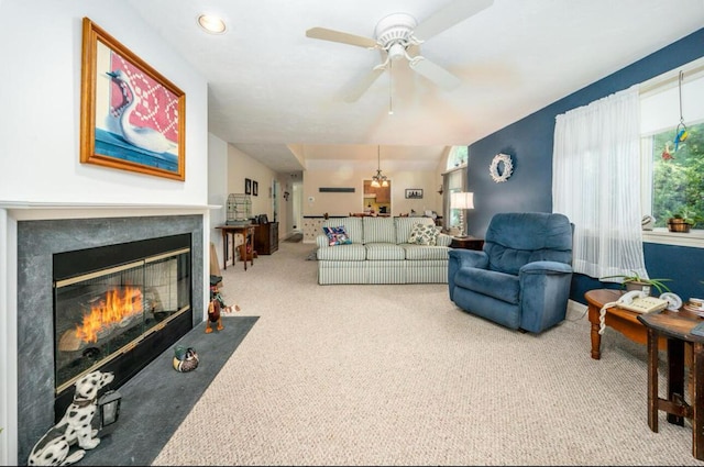 9 Pacific Ave, Mashpee, MA 02649 - living area with a ceiling fan, carpet flooring, and a fireplace with flush hearth