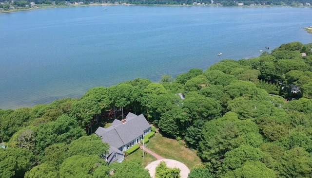 drone / aerial view featuring a water view and a forest view