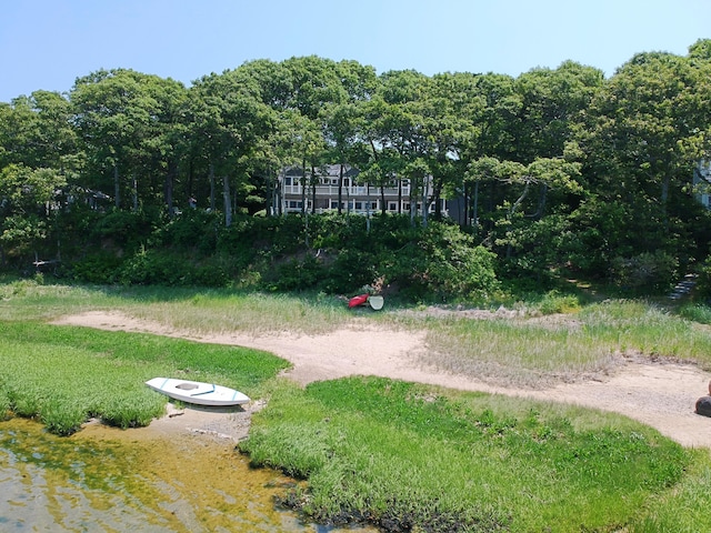 view of community with a water view