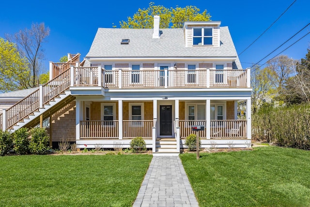 36 Pearl St Unit 2, Provincetown, MA 02657 - view of front of property with covered porch, a shingled roof, stairs, a front yard, and a chimney