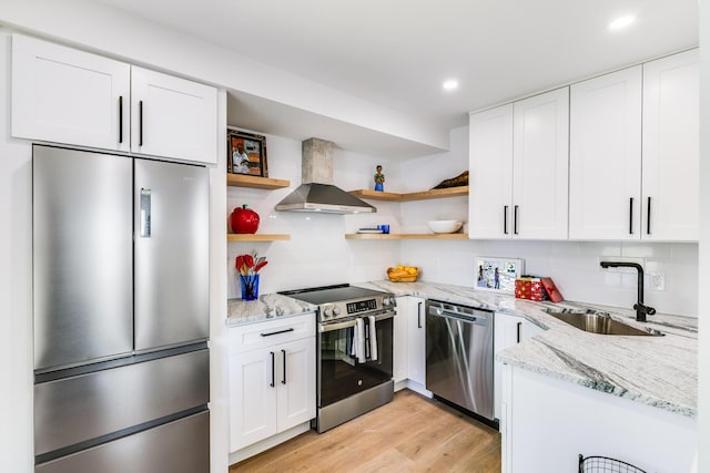 36 Pearl St Unit 2, Provincetown, MA 02657 - kitchen featuring stainless steel appliances, open shelves, wall chimney range hood, a sink, and white cabinetry