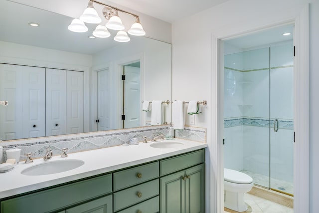 391 Sea View Ave, Osterville, MA 02655 - bathroom featuring double vanity, a shower stall, a closet, a chandelier, and recessed lighting