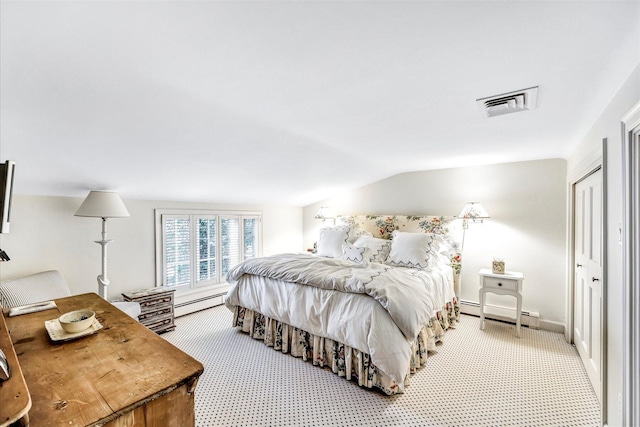 bedroom with light colored carpet, lofted ceiling, baseboard heating, and baseboards