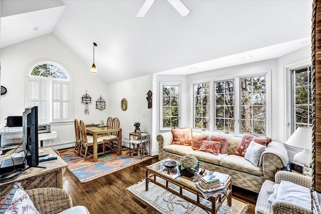 living area featuring a ceiling fan, dark wood-type flooring, high vaulted ceiling, a baseboard heating unit, and recessed lighting