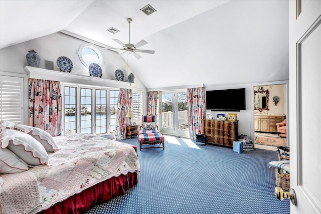 carpeted bedroom with access to outside, french doors, high vaulted ceiling, ceiling fan, and ensuite bath