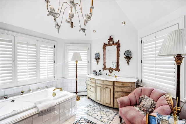 bathroom with a garden tub, a baseboard heating unit, tile patterned floors, vanity, and high vaulted ceiling