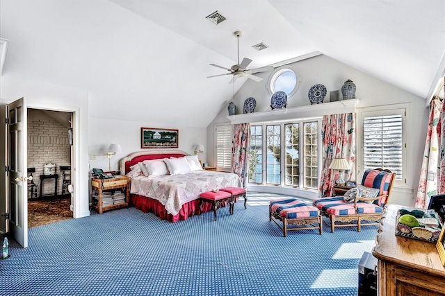 bedroom featuring carpet flooring, lofted ceiling, and ceiling fan