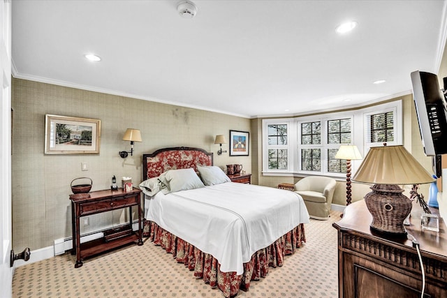 carpeted bedroom featuring crown molding, baseboards, and recessed lighting