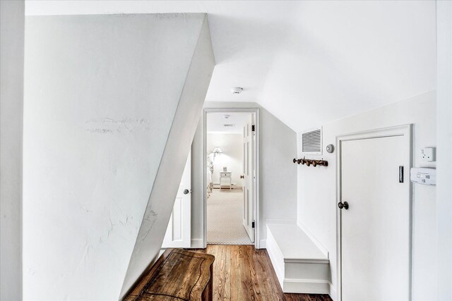 mudroom featuring wood finished floors and vaulted ceiling