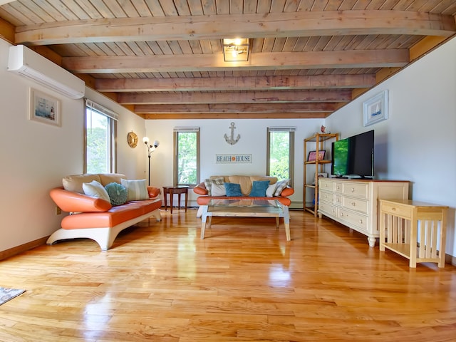 30 Norris Path, Teaticket, MA 02536 - living room with wood ceiling with exposed beams, light wood-type flooring, a wall unit AC, and baseboards