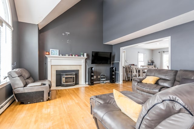 living room with wood-type flooring and a baseboard radiator