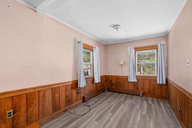 unfurnished room featuring a healthy amount of sunlight, wood finished floors, wooden walls, and a wainscoted wall