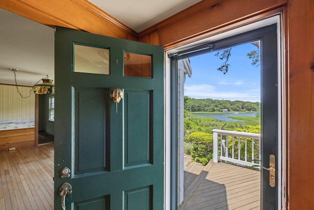 entryway featuring wood-type flooring and a water view