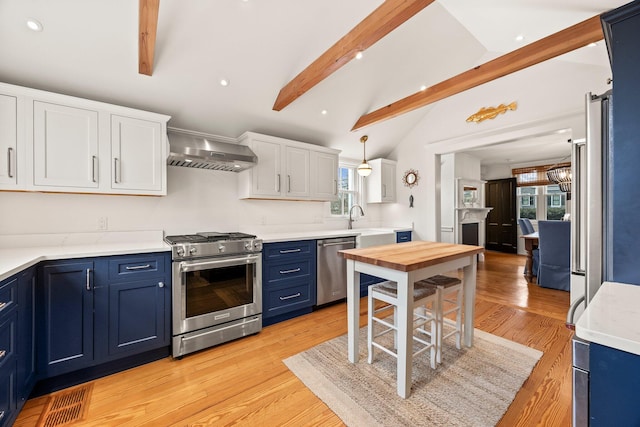 kitchen with appliances with stainless steel finishes, beamed ceiling, blue cabinets, white cabinets, and wall chimney range hood