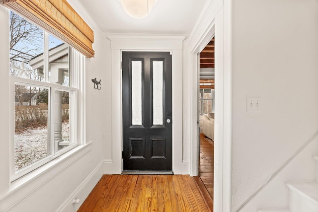 entryway featuring crown molding and hardwood / wood-style floors