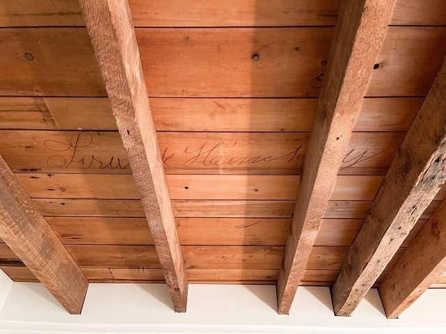 details featuring wood ceiling and beamed ceiling