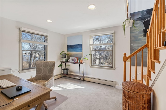 office area featuring recessed lighting, baseboard heating, and carpet flooring