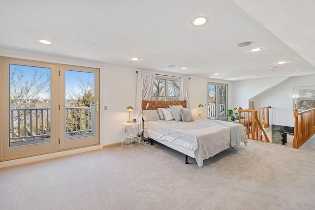 carpeted bedroom with access to outside, recessed lighting, and baseboards