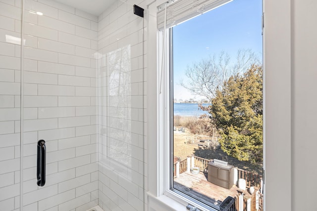 bathroom with a stall shower and a water view