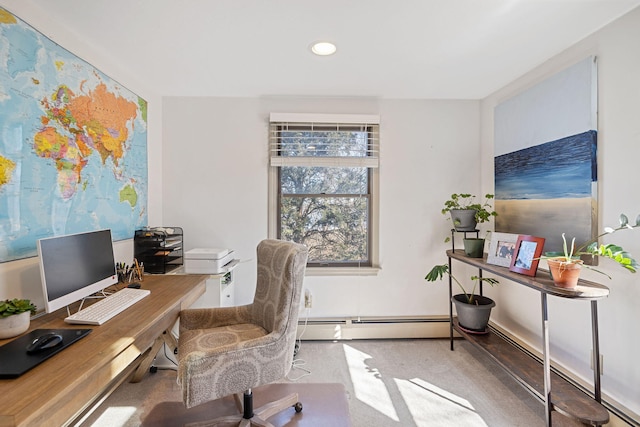 home office with recessed lighting, a baseboard heating unit, and carpet