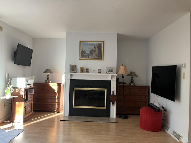 living room with hardwood / wood-style flooring and a fireplace