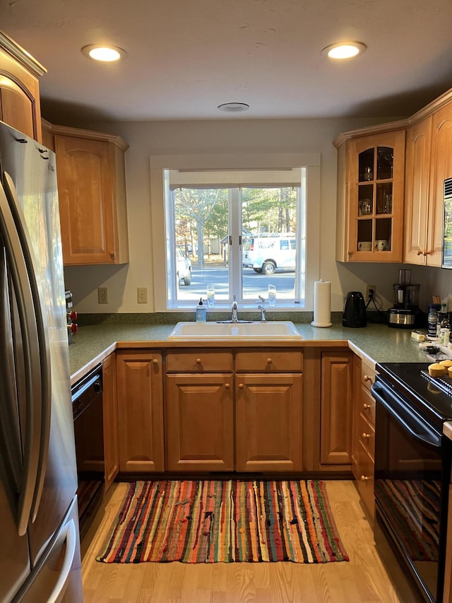 kitchen with light wood-type flooring, sink, and black appliances