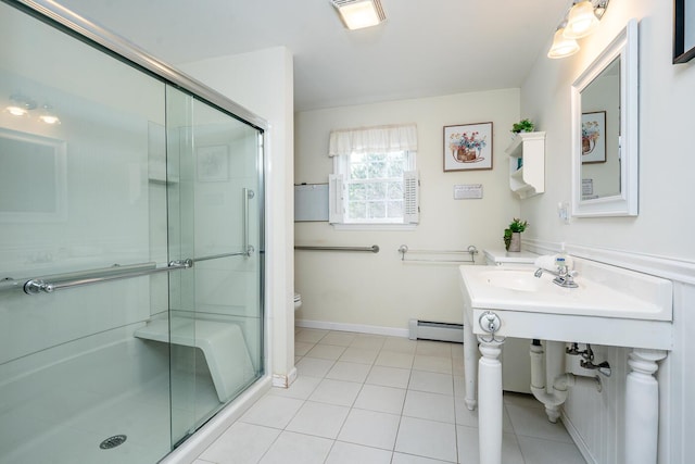 bathroom with visible vents, tile patterned flooring, a shower stall, toilet, and baseboard heating