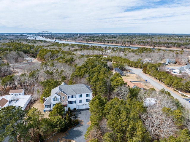 birds eye view of property with a water view and a view of trees