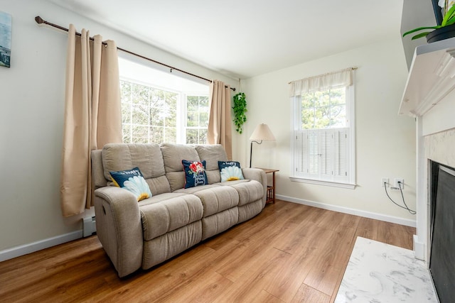 living room featuring light wood finished floors, a baseboard heating unit, baseboards, and a premium fireplace