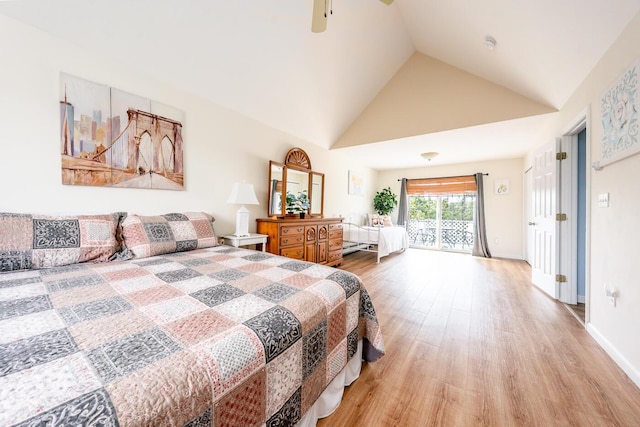 bedroom featuring high vaulted ceiling, light wood-style flooring, access to exterior, baseboards, and ceiling fan