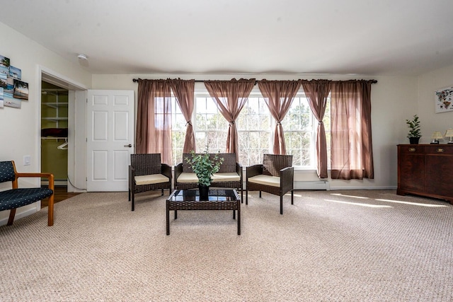 sitting room featuring light colored carpet, baseboards, and baseboard heating