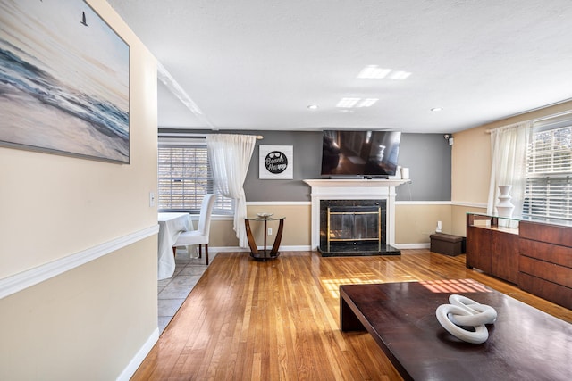 living room with a premium fireplace, wood-type flooring, and baseboards