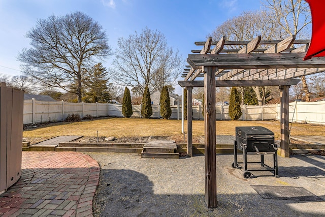 view of patio / terrace featuring a fenced backyard and a pergola