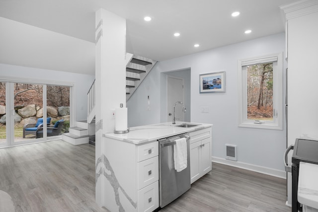 kitchen with white cabinets, visible vents, recessed lighting, black / electric stove, and stainless steel dishwasher