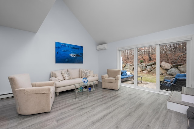 living room with a wall mounted air conditioner, high vaulted ceiling, and wood finished floors
