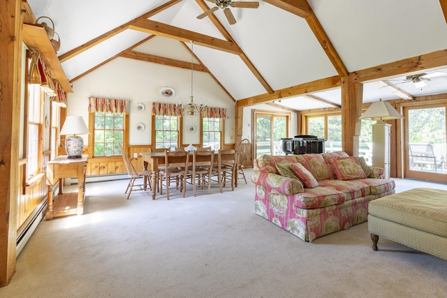 carpeted living room with ceiling fan with notable chandelier, a baseboard heating unit, wooden walls, high vaulted ceiling, and beam ceiling