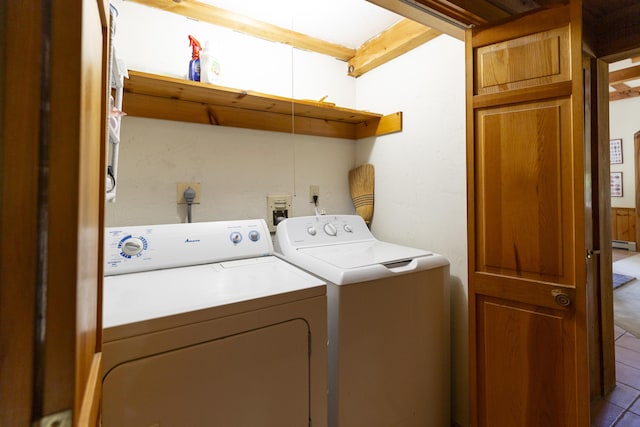 laundry area with tile patterned floors, a baseboard radiator, and independent washer and dryer