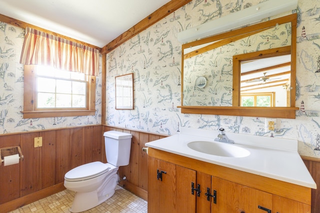 bathroom with toilet, vanity, and wooden walls