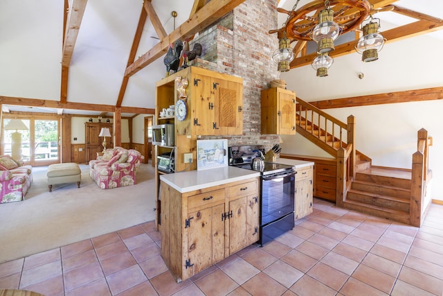 kitchen featuring beamed ceiling, light carpet, black range with electric stovetop, high vaulted ceiling, and an inviting chandelier