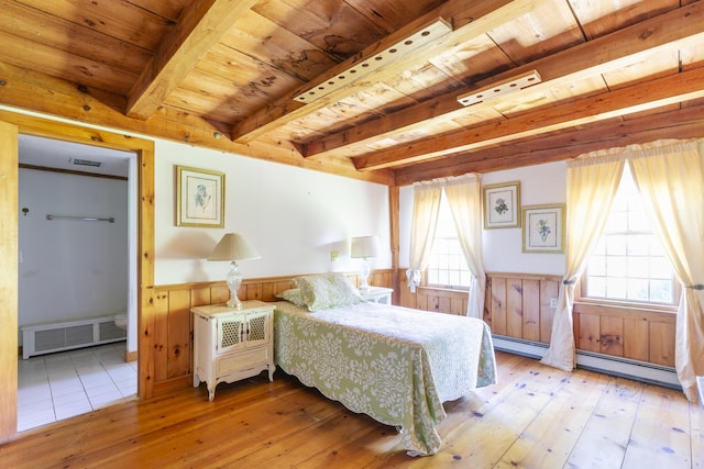 bedroom featuring wooden walls, wooden ceiling, multiple windows, and light hardwood / wood-style flooring