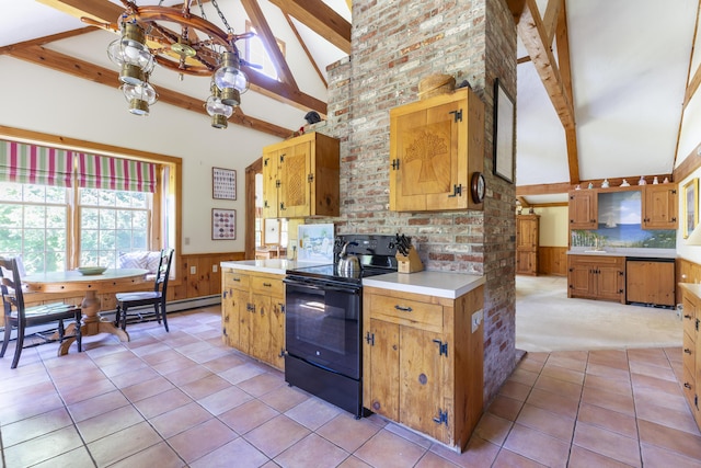 kitchen with decorative backsplash, black / electric stove, beamed ceiling, and light tile patterned flooring