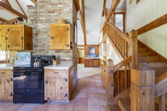 kitchen with light tile patterned floors, high vaulted ceiling, beam ceiling, and black / electric stove