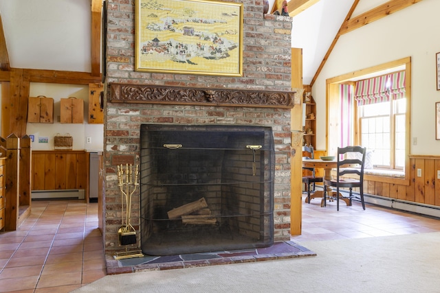 interior details with a fireplace, baseboard heating, and carpet flooring