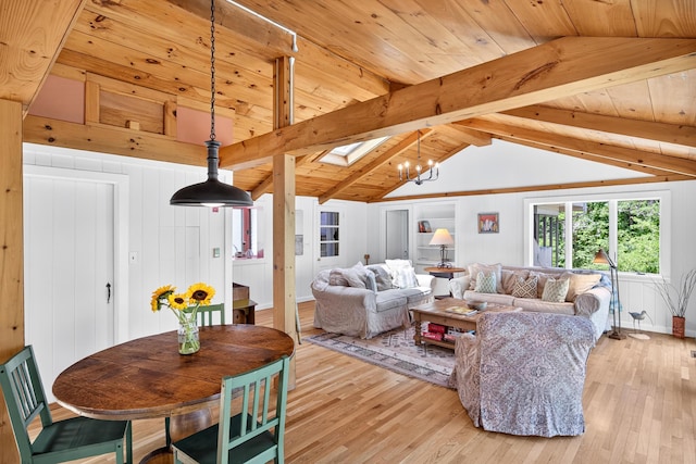 17 Gull Haven Ln, Wellfleet, MA 02667 - living area with light wood-style floors, wooden ceiling, a skylight, and a chandelier