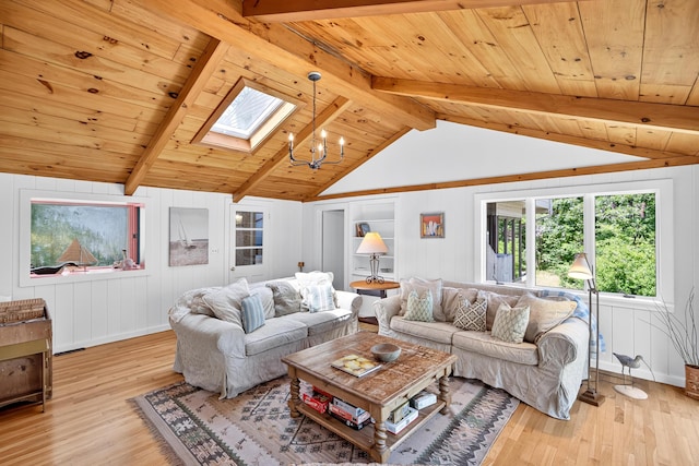 17 Gull Haven Ln, Wellfleet, MA 02667 - living area with a skylight, light wood-style floors, and wooden ceiling