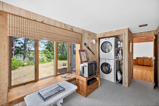 17 Gull Haven Ln, Wellfleet, MA 02667 - laundry area with estacked washer and dryer and wood walls