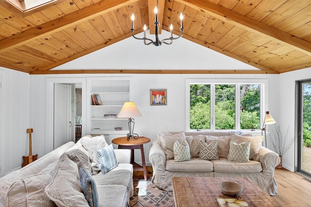 17 Gull Haven Ln, Wellfleet, MA 02667 - living area with light wood-type flooring, a chandelier, and wooden ceiling
