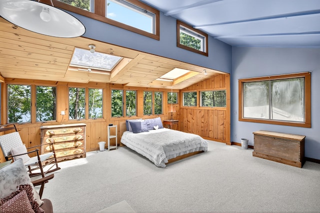 17 Gull Haven Ln, Wellfleet, MA 02667 - bedroom with a skylight, carpet floors, wood walls, and vaulted ceiling