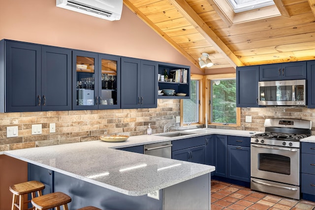 17 Gull Haven Ln, Wellfleet, MA 02667 - kitchen featuring stainless steel appliances, a peninsula, wood ceiling, blue cabinetry, and a breakfast bar area